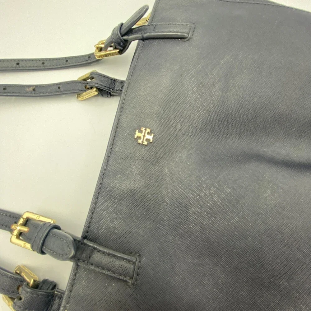 Tory Burch Tote Bag Womens Large Black Leather Shoulder Purse Blue Lining